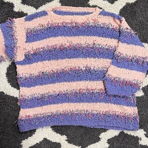 Vintage 💕Handmade Cozy Pink and Purple Striped Sweater, balloon like sleeves.